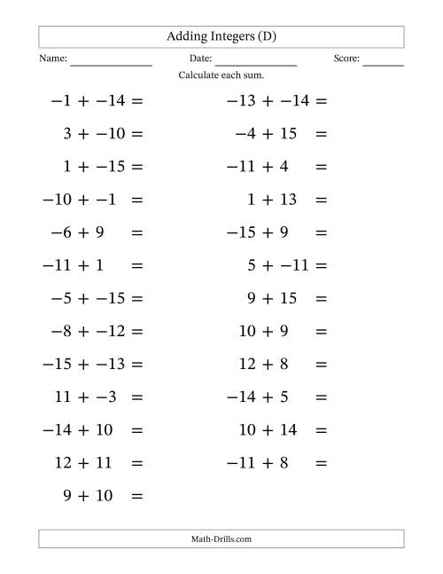 The Adding Mixed Integers from -15 to 15 (25 Questions; Large Print; No Parentheses) (D) Math Worksheet