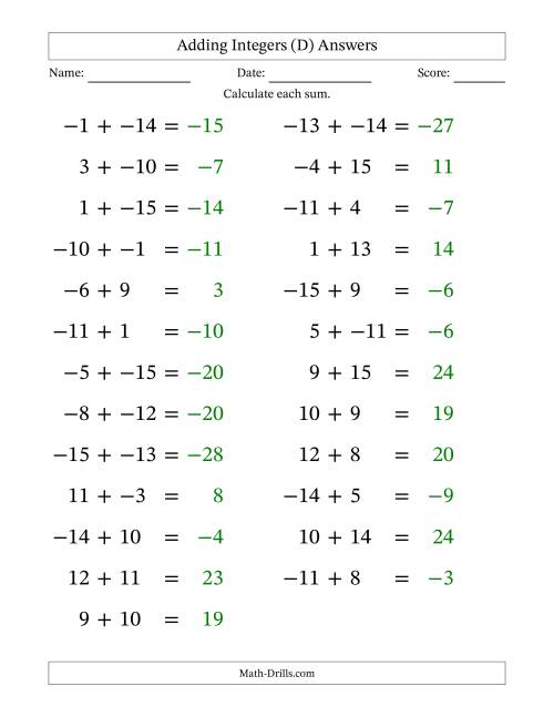 The Adding Mixed Integers from -15 to 15 (25 Questions; Large Print; No Parentheses) (D) Math Worksheet Page 2