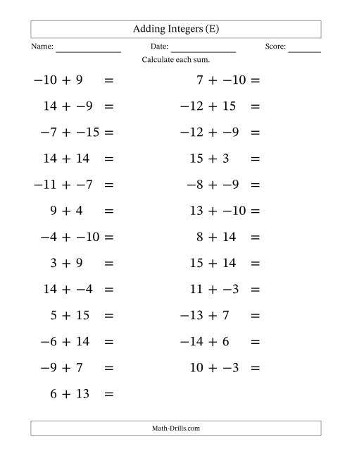 The Adding Mixed Integers from -15 to 15 (25 Questions; Large Print; No Parentheses) (E) Math Worksheet
