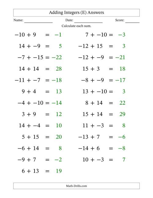 The Adding Mixed Integers from -15 to 15 (25 Questions; Large Print; No Parentheses) (E) Math Worksheet Page 2