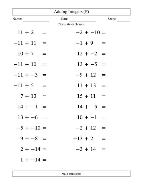 The Adding Mixed Integers from -15 to 15 (25 Questions; Large Print; No Parentheses) (F) Math Worksheet