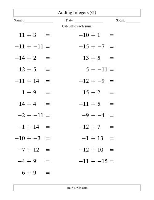 The Adding Mixed Integers from -15 to 15 (25 Questions; Large Print; No Parentheses) (G) Math Worksheet