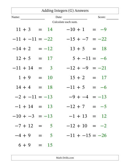 The Adding Mixed Integers from -15 to 15 (25 Questions; Large Print; No Parentheses) (G) Math Worksheet Page 2