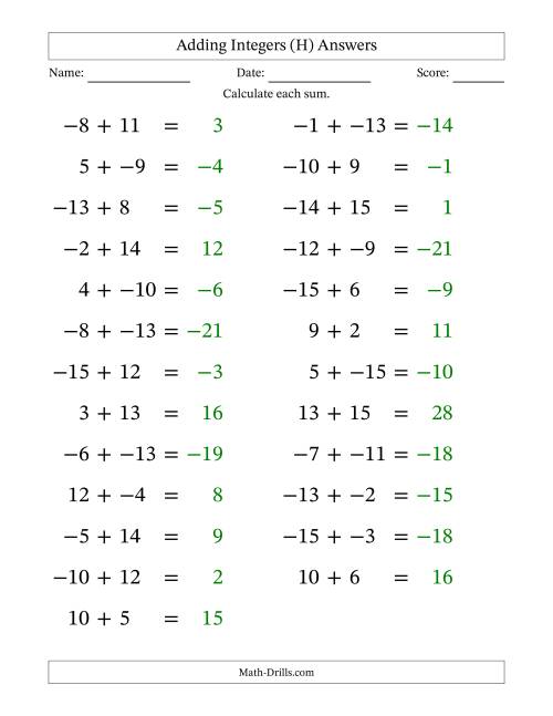 The Adding Mixed Integers from -15 to 15 (25 Questions; Large Print; No Parentheses) (H) Math Worksheet Page 2