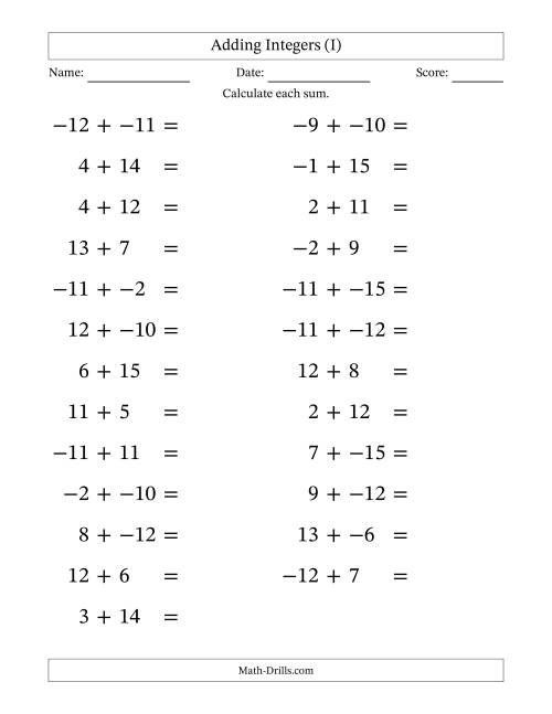 The Adding Mixed Integers from -15 to 15 (25 Questions; Large Print; No Parentheses) (I) Math Worksheet