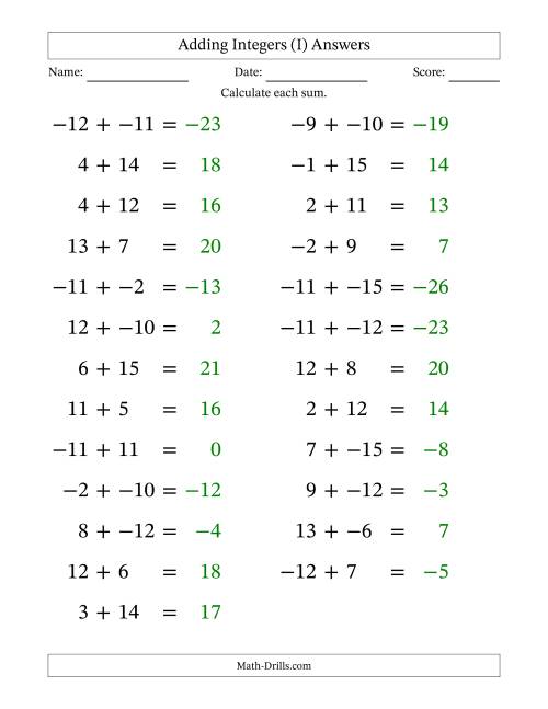 The Adding Mixed Integers from -15 to 15 (25 Questions; Large Print; No Parentheses) (I) Math Worksheet Page 2