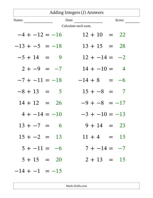 The Adding Mixed Integers from -15 to 15 (25 Questions; Large Print; No Parentheses) (J) Math Worksheet Page 2
