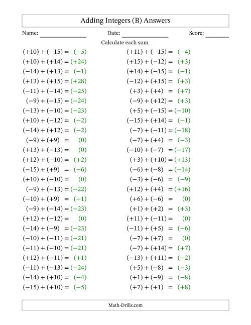 The Adding Mixed Integers from -15 to 15 (50 Questions; All Parentheses) (B) Math Worksheet Page 2
