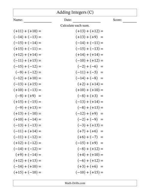 The Adding Mixed Integers from -15 to 15 (50 Questions; All Parentheses) (C) Math Worksheet