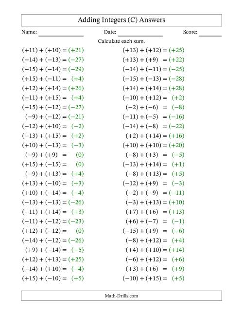 The Adding Mixed Integers from -15 to 15 (50 Questions; All Parentheses) (C) Math Worksheet Page 2