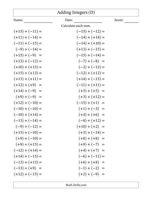 The Adding Mixed Integers from -15 to 15 (50 Questions; All Parentheses) (D) Math Worksheet
