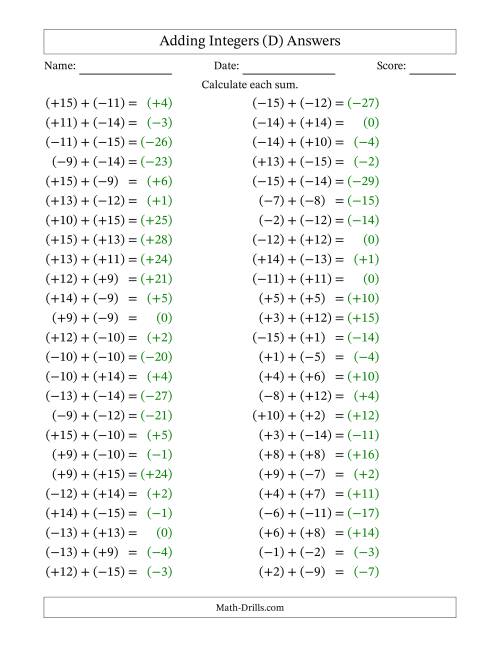 The Adding Mixed Integers from -15 to 15 (50 Questions; All Parentheses) (D) Math Worksheet Page 2