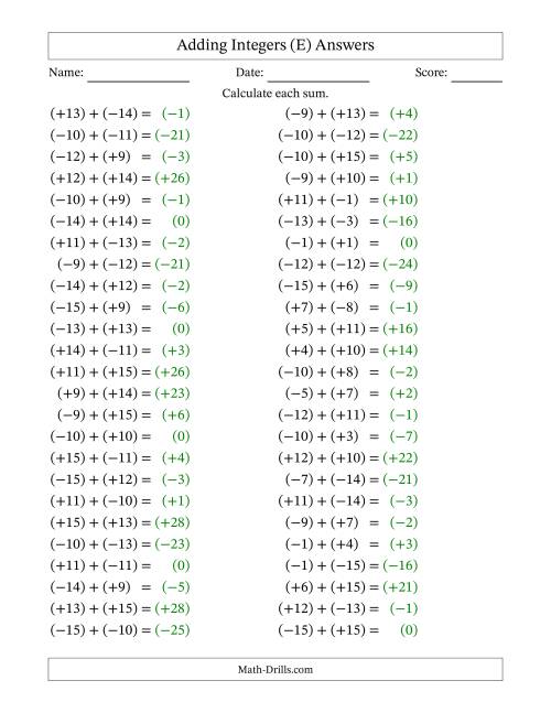 The Adding Mixed Integers from -15 to 15 (50 Questions; All Parentheses) (E) Math Worksheet Page 2