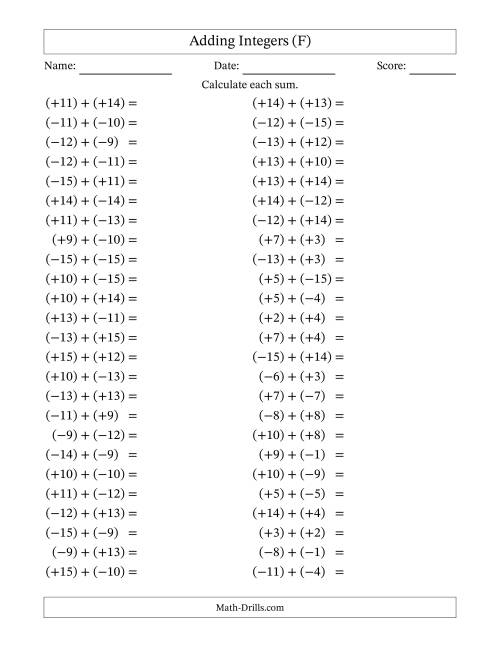 The Adding Mixed Integers from -15 to 15 (50 Questions; All Parentheses) (F) Math Worksheet
