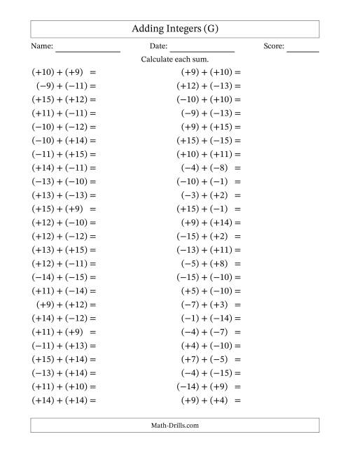 The Adding Mixed Integers from -15 to 15 (50 Questions; All Parentheses) (G) Math Worksheet