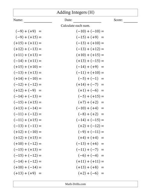 The Adding Mixed Integers from -15 to 15 (50 Questions; All Parentheses) (H) Math Worksheet