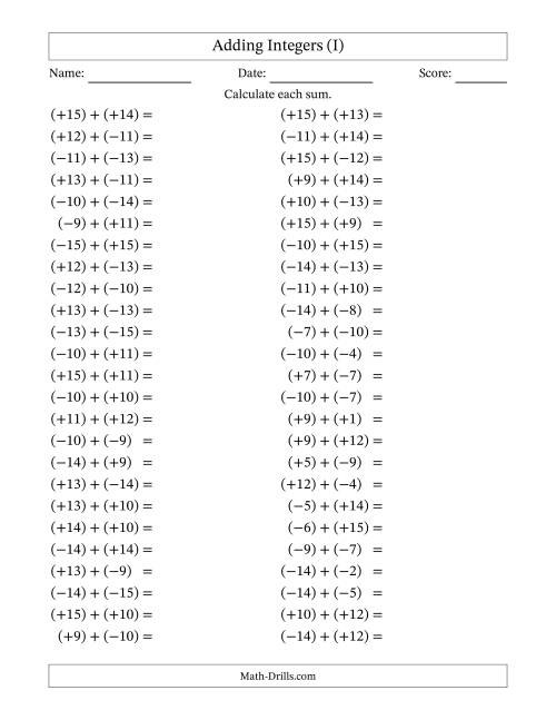 The Adding Mixed Integers from -15 to 15 (50 Questions; All Parentheses) (I) Math Worksheet