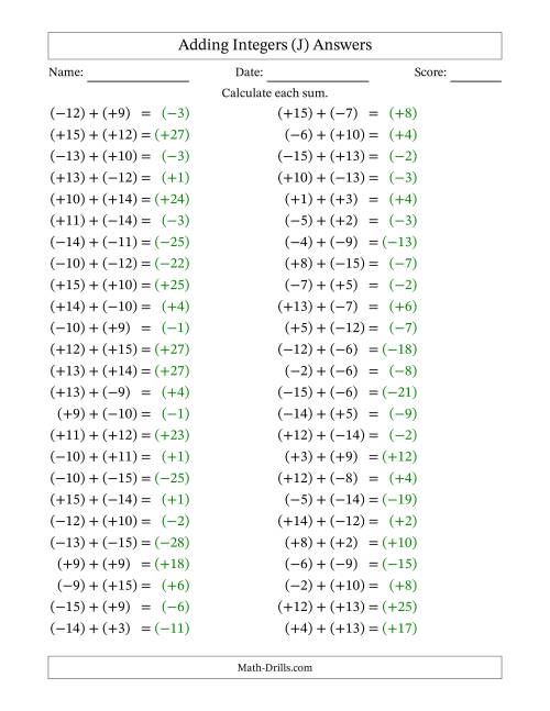 The Adding Mixed Integers from -15 to 15 (50 Questions; All Parentheses) (J) Math Worksheet Page 2