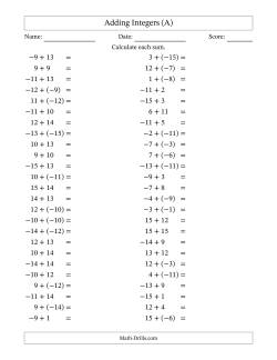 Adding Mixed Integers from -15 to 15 (50 Questions)