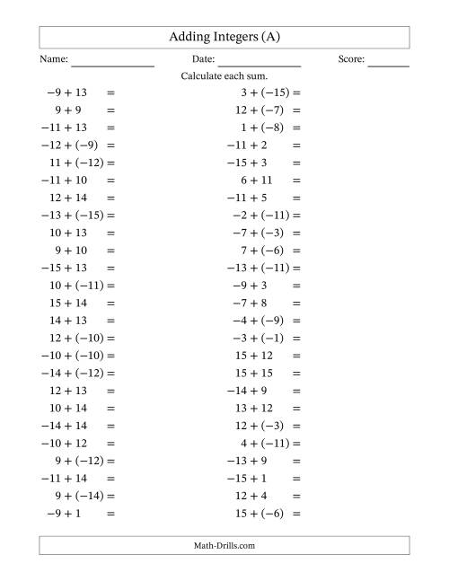 The Adding Mixed Integers from -15 to 15 (50 Questions) (A) Math Worksheet