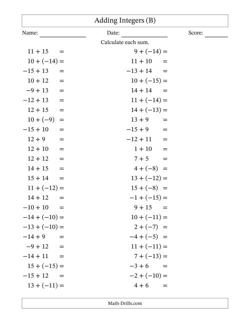 The Adding Mixed Integers from -15 to 15 (50 Questions) (B) Math Worksheet