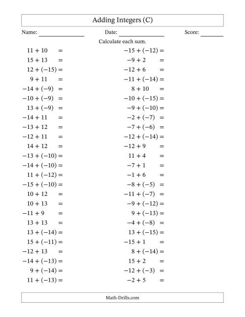 The Adding Mixed Integers from -15 to 15 (50 Questions) (C) Math Worksheet