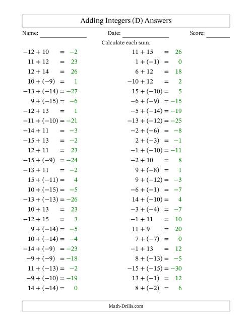 The Adding Mixed Integers from -15 to 15 (50 Questions) (D) Math Worksheet Page 2
