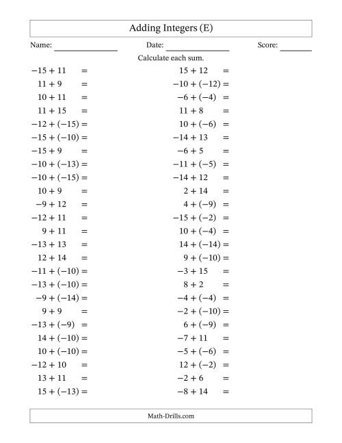 The Adding Mixed Integers from -15 to 15 (50 Questions) (E) Math Worksheet