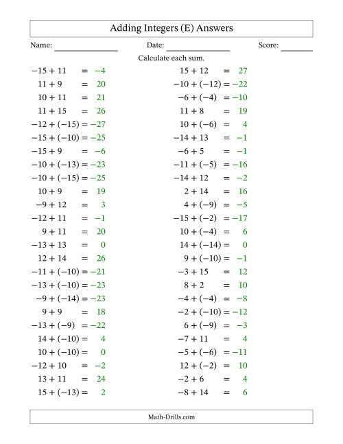 The Adding Mixed Integers from -15 to 15 (50 Questions) (E) Math Worksheet Page 2