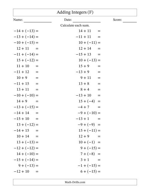 The Adding Mixed Integers from -15 to 15 (50 Questions) (F) Math Worksheet