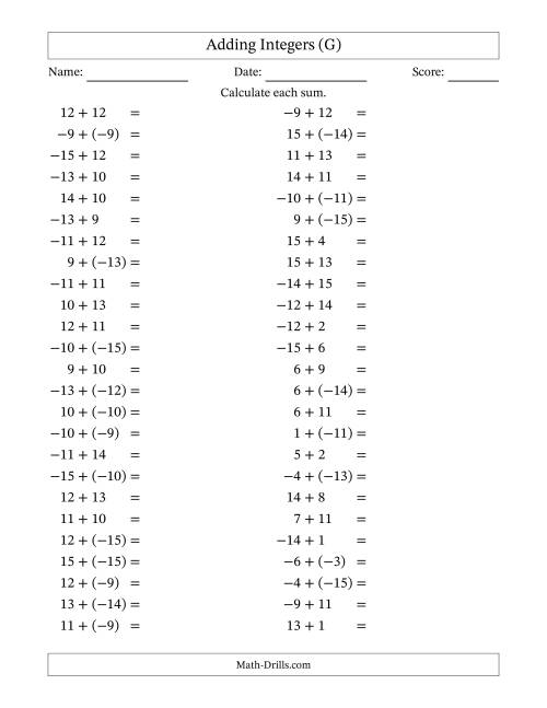 The Adding Mixed Integers from -15 to 15 (50 Questions) (G) Math Worksheet