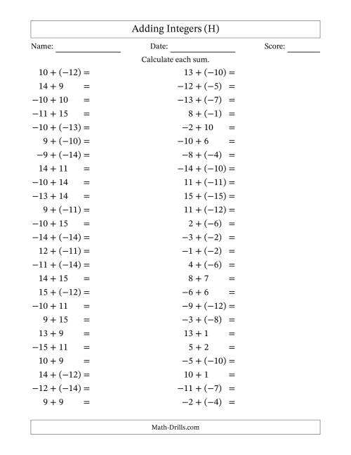 The Adding Mixed Integers from -15 to 15 (50 Questions) (H) Math Worksheet