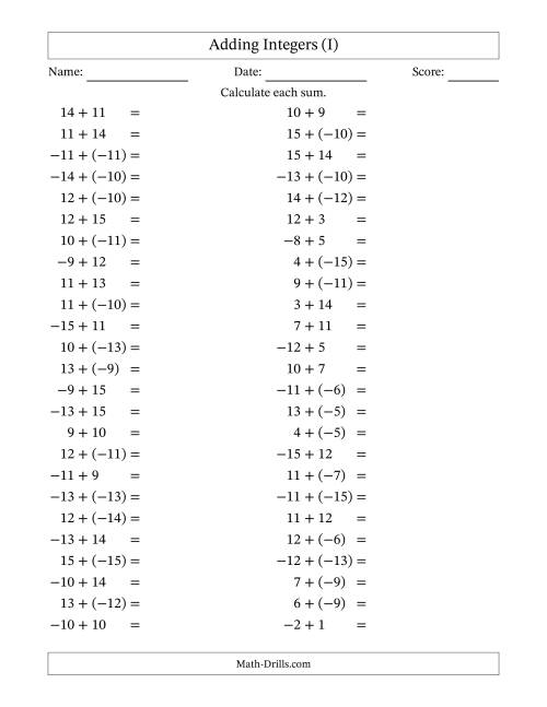 The Adding Mixed Integers from -15 to 15 (50 Questions) (I) Math Worksheet