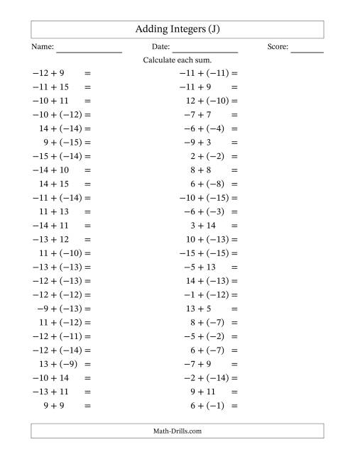 The Adding Mixed Integers from -15 to 15 (50 Questions) (J) Math Worksheet