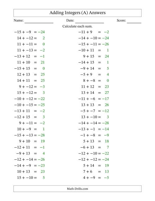The Adding Mixed Integers from -15 to 15 (50 Questions; No Parentheses) (A) Math Worksheet Page 2