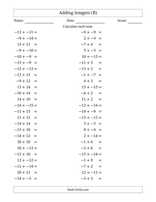 The Adding Mixed Integers from -15 to 15 (50 Questions; No Parentheses) (B) Math Worksheet