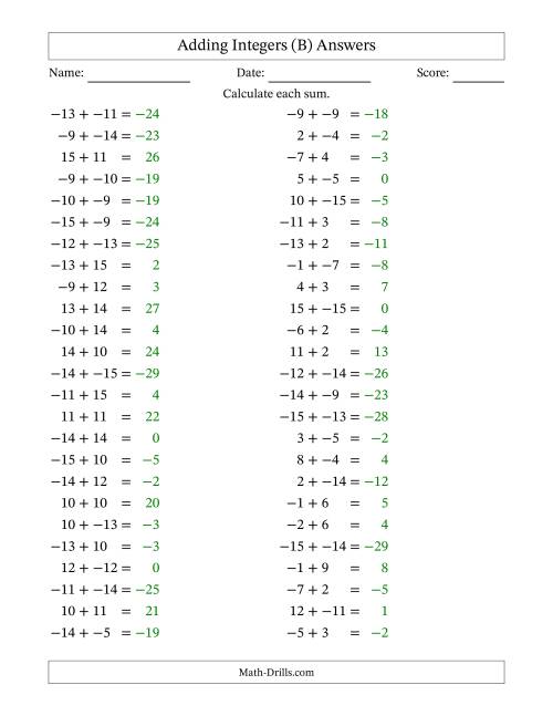 The Adding Mixed Integers from -15 to 15 (50 Questions; No Parentheses) (B) Math Worksheet Page 2