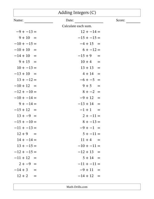 The Adding Mixed Integers from -15 to 15 (50 Questions; No Parentheses) (C) Math Worksheet