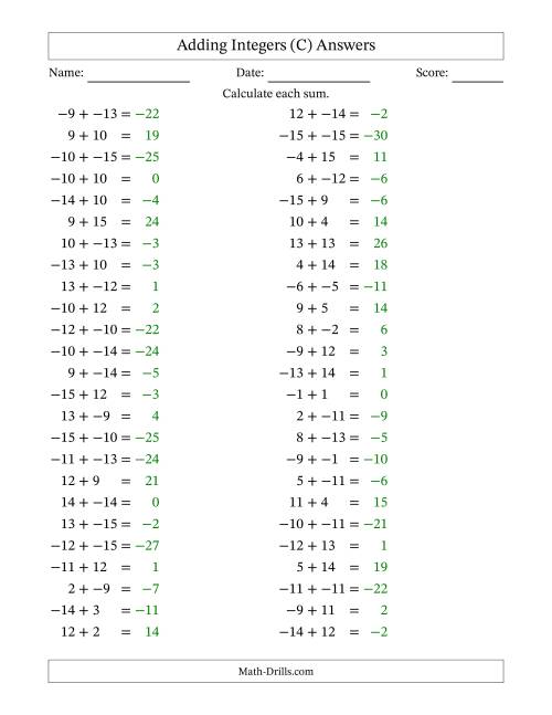 The Adding Mixed Integers from -15 to 15 (50 Questions; No Parentheses) (C) Math Worksheet Page 2