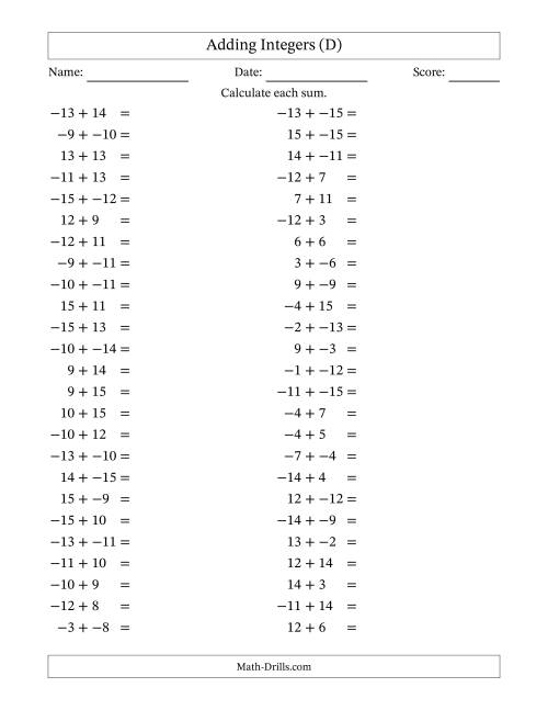 The Adding Mixed Integers from -15 to 15 (50 Questions; No Parentheses) (D) Math Worksheet