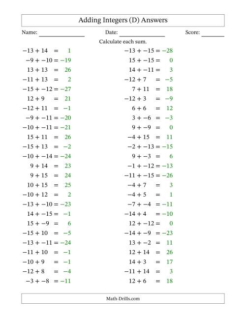 The Adding Mixed Integers from -15 to 15 (50 Questions; No Parentheses) (D) Math Worksheet Page 2