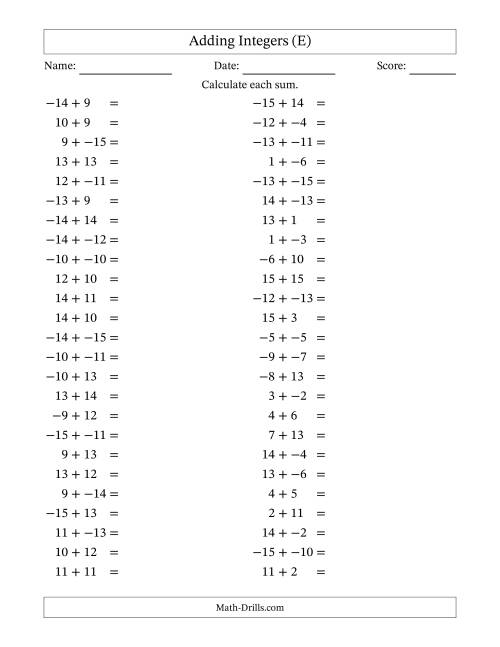 The Adding Mixed Integers from -15 to 15 (50 Questions; No Parentheses) (E) Math Worksheet