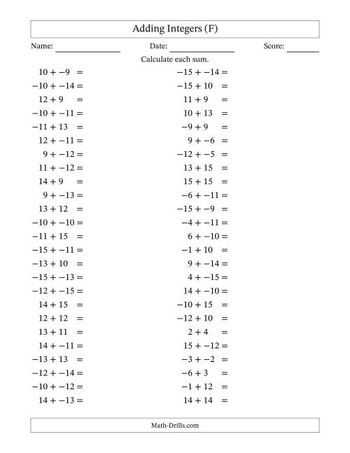 The Adding Mixed Integers from -15 to 15 (50 Questions; No Parentheses) (F) Math Worksheet