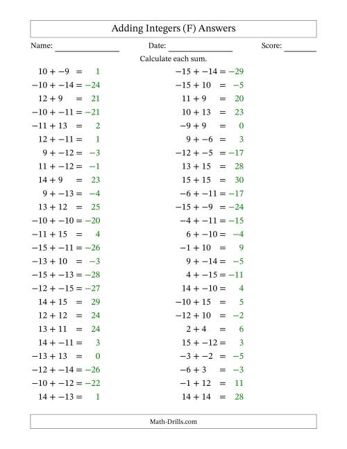 The Adding Mixed Integers from -15 to 15 (50 Questions; No Parentheses) (F) Math Worksheet Page 2