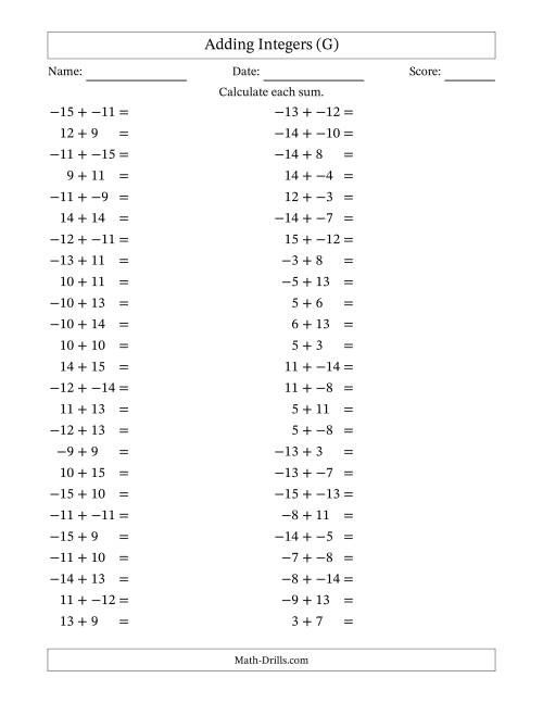 The Adding Mixed Integers from -15 to 15 (50 Questions; No Parentheses) (G) Math Worksheet