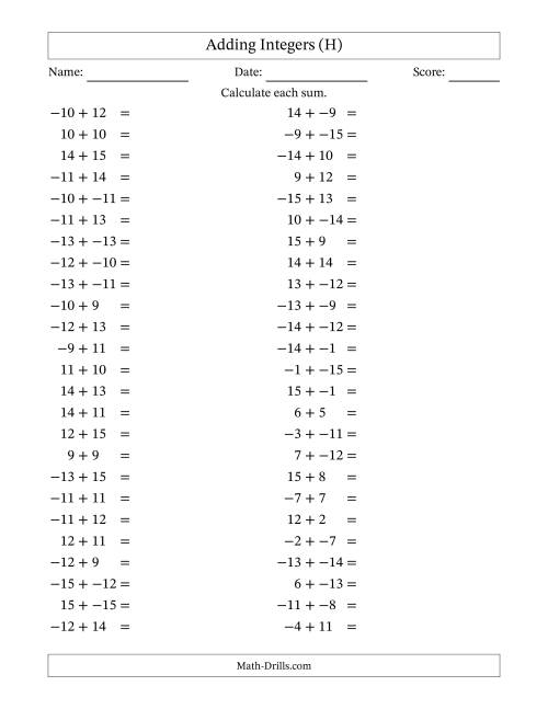 The Adding Mixed Integers from -15 to 15 (50 Questions; No Parentheses) (H) Math Worksheet
