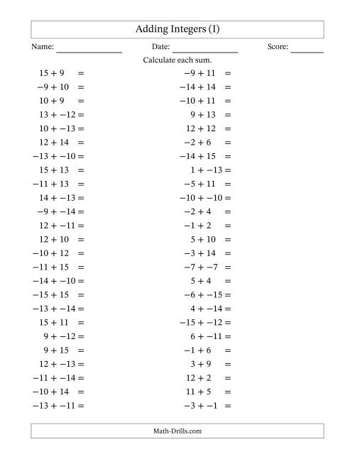 The Adding Mixed Integers from -15 to 15 (50 Questions; No Parentheses) (I) Math Worksheet
