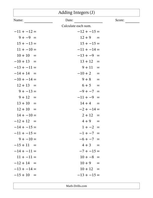 The Adding Mixed Integers from -15 to 15 (50 Questions; No Parentheses) (J) Math Worksheet