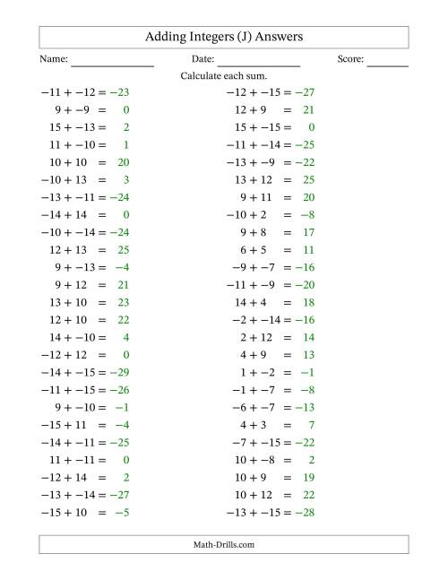 The Adding Mixed Integers from -15 to 15 (50 Questions; No Parentheses) (J) Math Worksheet Page 2