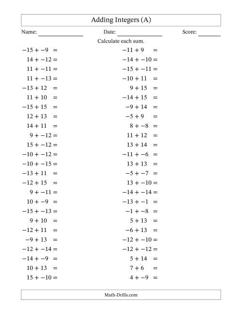 The Adding Mixed Integers from -15 to 15 (50 Questions; No Parentheses) (All) Math Worksheet